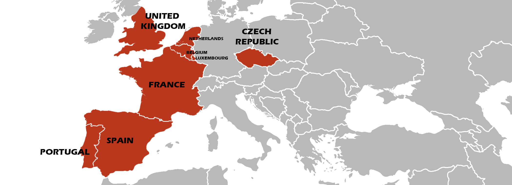 Mapa obsluhovaných evropských destinací společnosti Beran